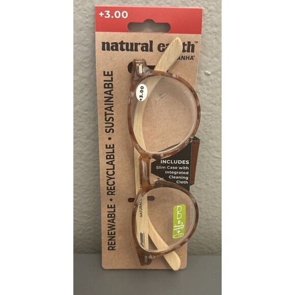 Piranha Cascade Natural Earth Bamboo +3.00 Reader w Case & Cleaning Cloth - Picture 2 of 7